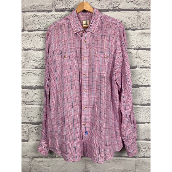 Johnnie-O Mens L Hangin Out Pink Plaid 100% Linen Coastal Resort Preppy Shirt‎ - Picture 2 of 10